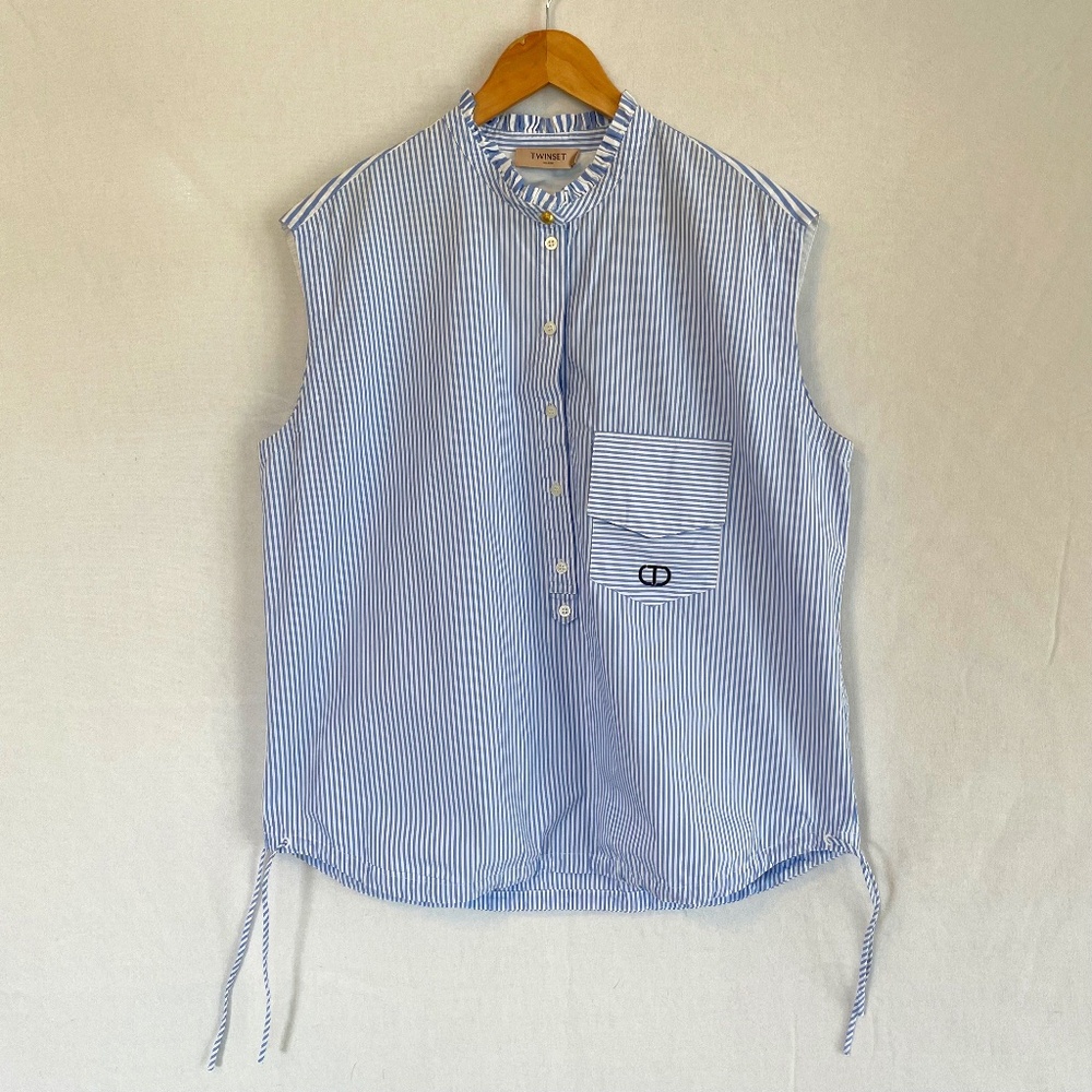 Twinset Milano Size XL 100% Cotton Blue & White Stripe Sleeveless Popover Top
